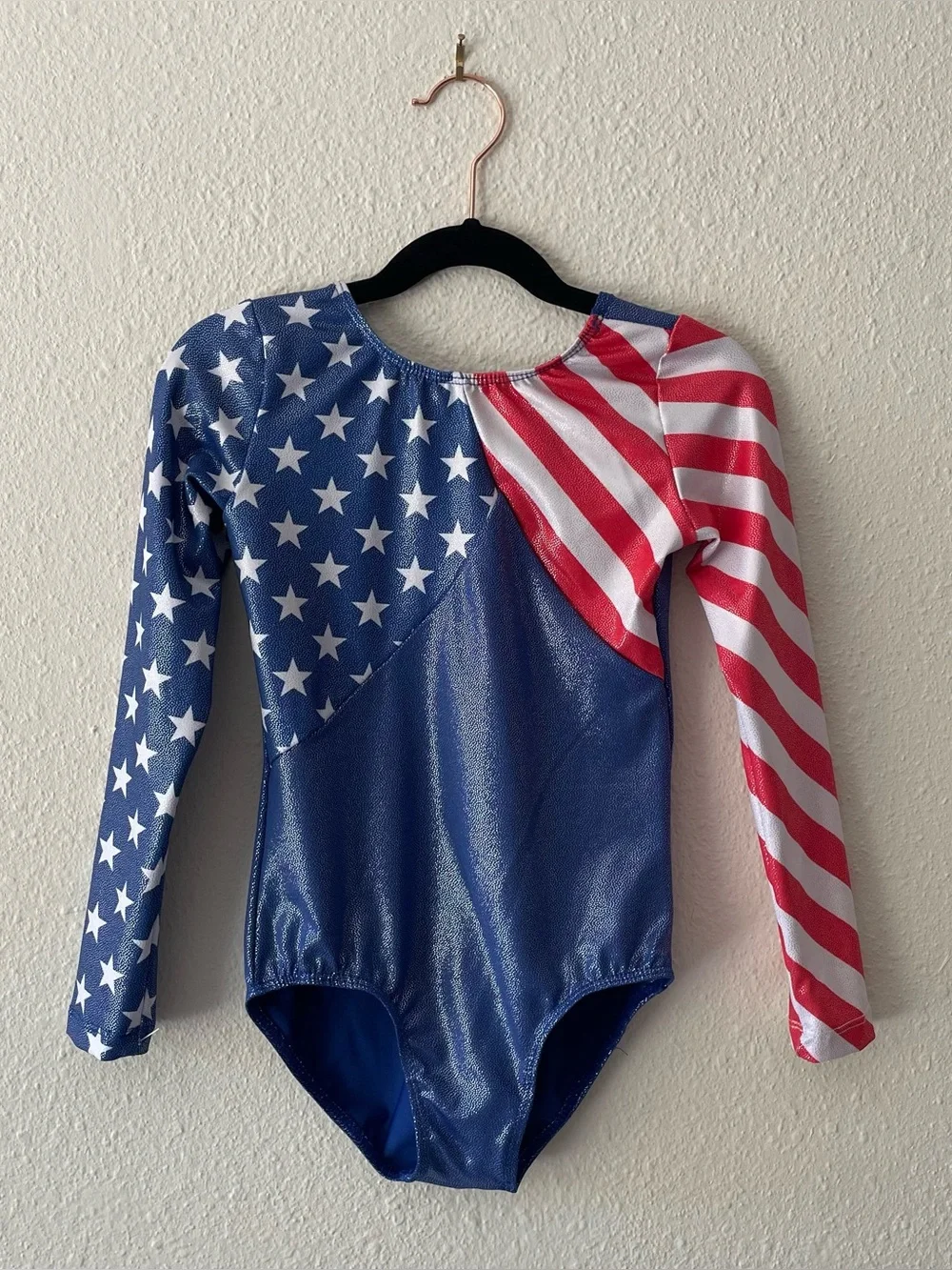 Girls Gymnastics Leotard Size 8A USA American Flag Long Sleeve Metallic Blue